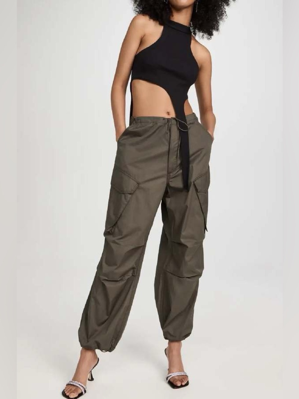 Agolde Womens Size XL Ginerva Cargo Baggy Drawstring Lightweight Pants In Caviar